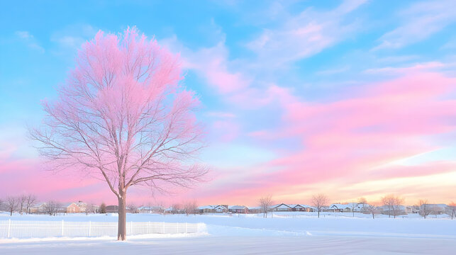 Pink sunrise over snowy landscape, winter tree