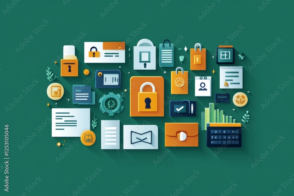 Poster digital security and data protection icons on a green background, representing cybersecurity and the