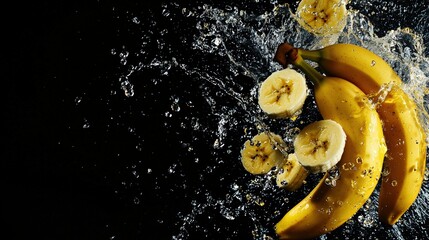 Ripe whole and sliced bananas with water splashes on a black background. Juicy banana slices, surrounded by droplets, creating a sense of freshness and motion.