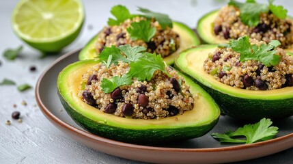 Plant based cuisine vegetarian fusion concept. Peruvian-inspired quinoa and black bean stuffed avocados with lime dressing