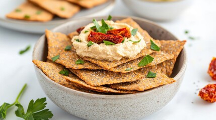 Plant based cuisine vegan superfoods. Vegan chia seed crackers with hummus and sundried tomatoes, perfect snack