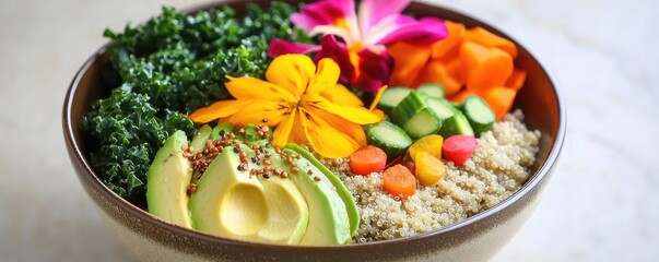 Plant based cuisine vegan superfoods. Vibrant vegan Buddha bowl with quinoa, avocado, kale, and colorful superfoods