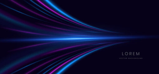 Abstract futuristic blue and pink curve light ray on dark blue background. Hi speed motion moving concept.