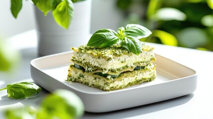 Plant based cuisine vegan superfoods. Raw zucchini lasagna with cashew ricotta and fresh basil pesto