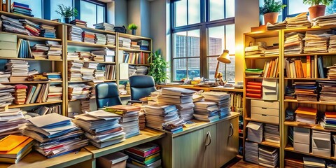 Obraz premium Overwhelmed! Panoramic View of Stacked Office Paperwork