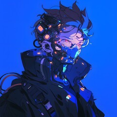 Anime-Inspired Futuristic Hacker with Glowing Cybernetic Interface Mask and Sleek Aesthetic