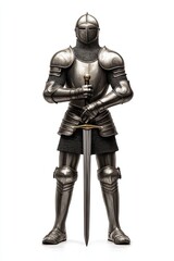 An isolated medieval knight wearing a helmet and holding a sword and shield, with a transparent background