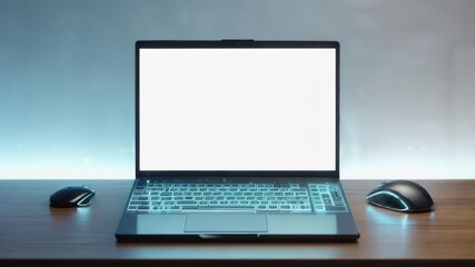 Fototapeta premium A modern laptop with a blank screen on a wooden desk surrounded by tech accessories like a mouse and keyboard.