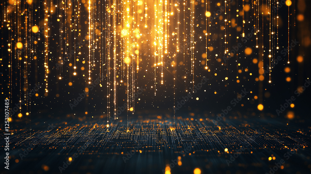 Poster golden rain abstract: a mesmerizing abstract backdrop of a golden rain of light cascading down, illu