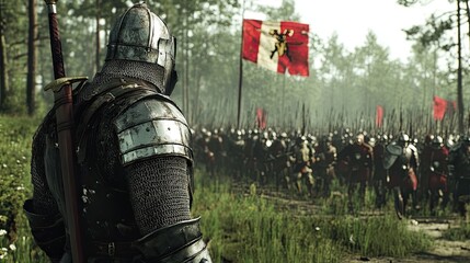 A lone knight faces away from the camera, their eyes fixed on the boundless field stretching ahead. Surrounded by .