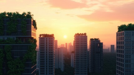 Obraz premium Sunrise Over Green Rooftops in a Modern Cityscape Panorama