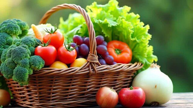 A woven basket filled with colorful vegetables and fruits sits outdoors, featuring leafy greens, ripe tomatoes, and broccoli under natural sunlight, creating a fresh and healthy atmosphere.