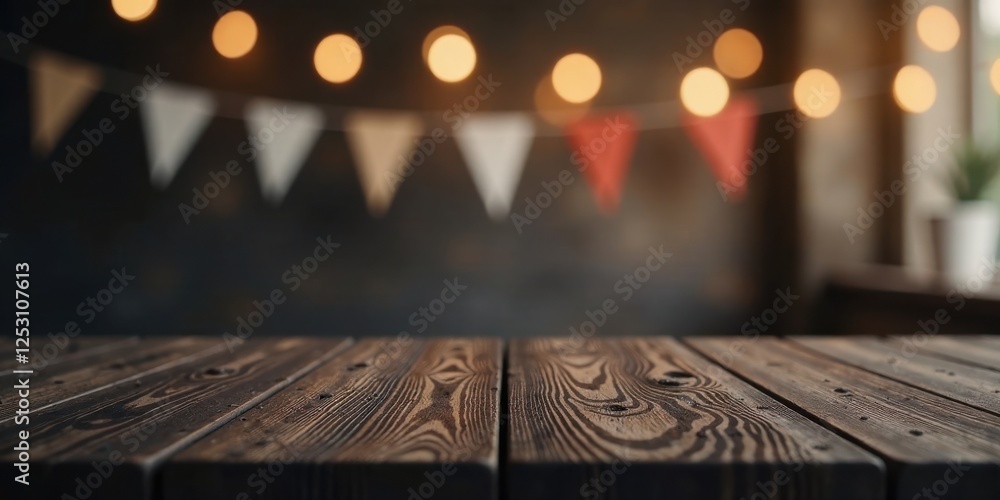 Aufkleber Rustic Wooden Tabletop Display with Blurred Festive Background of String Lights and Bunting Flags Perfect for Product Placement or Mockups