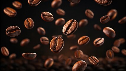 Fototapeta premium Close-Up of Coffee Beans Floating in Air on a Dark Wallpaper Background