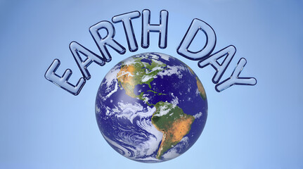 Glass Earth Day text with globe planet Earth on blue background