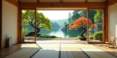 Serene Lakeside View from Minimalist Wooden Room with Tatami Mat Flooring and Bonsai Trees