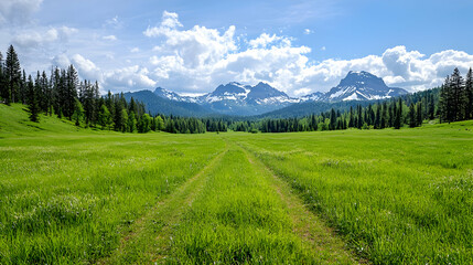 Obraz premium Mountain meadow path, green grass, sunny day, snow-capped peaks