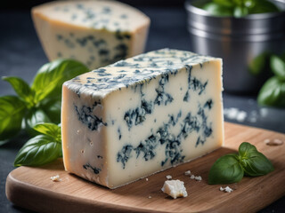  Gourmet Blue Cheese Slice – Dor Blue or Roquefort with Fresh Basil on Cutting Board
