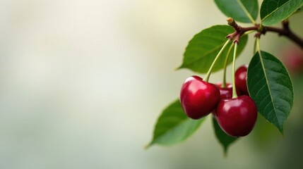Close-up of ripe cherries hanging from a branch with vibrant green leaves against a soft, blurred background.