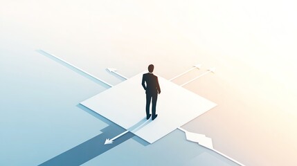 Obraz premium Business decision concept with person standing on intersection of paths, looking forward.