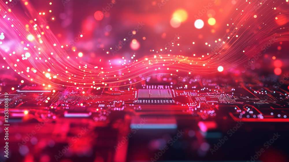 Poster red circuitry abstract: a mesmerizing abstract of red circuitry, glowing with ethereal lights and st