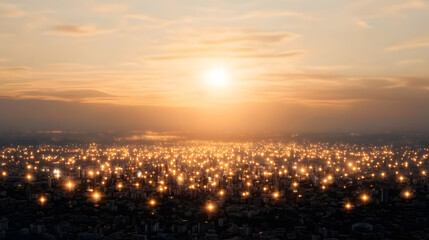Naklejka premium breathtaking cityscape glowing with lights at sunset, showcasing urban beauty