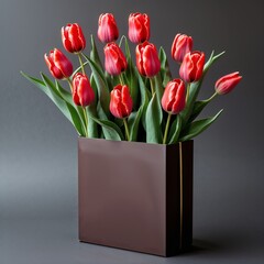 A chocolate rectangular box and tulip bouquet red on plain black background