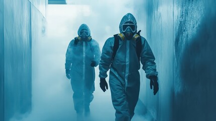 Fototapeta premium Hazardous Environment: Two Figures in Protective Gear Traverse a Smoke-Filled Corridor