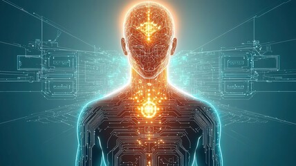 Futuristic humanoid with glowing circuits.