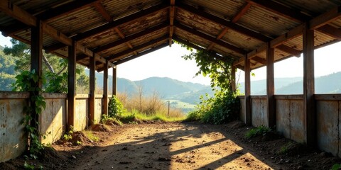 Rustic shelter offering a panoramic view of tranquil hills, bathed in the golden light of sunset, showcasing nature's serene beauty.