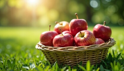 Fresh red apples in a wicker basket on a grassy field with sunlight