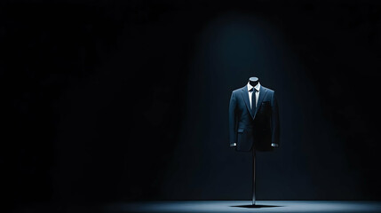 Dark Studio Shot Of Formal Suit On Mannequin Under Spotlight