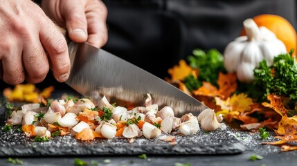 Chef chopping vegetables for autumnal dish on slate board