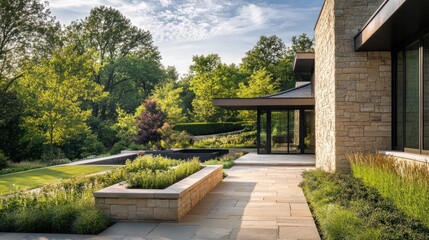 Fototapeta premium Modern Stone House with Lush Landscaping and Serene Garden