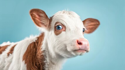 Adorable Baby Cow Close-Up Portrait on Blue Background