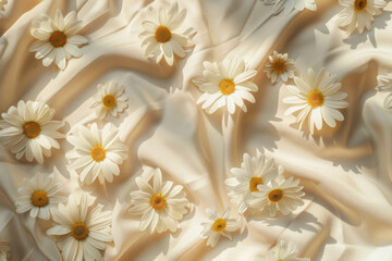 Sunlit daisies casting soft shadows on a light background, evoking a serene and gentle atmosphere in a minimalist setting.