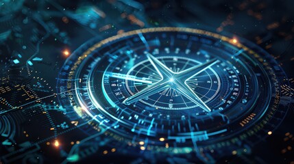 Compass Direction On Digital Code Blue Background