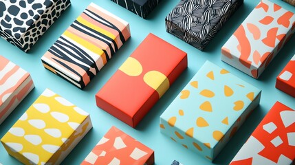 Colorful gift boxes with abstract patterns.