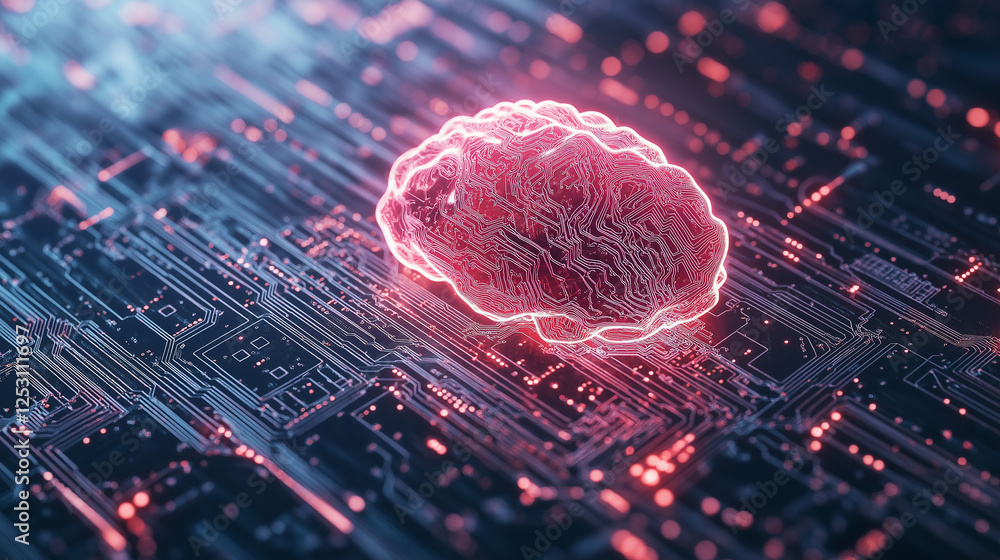 Poster brain circuitry: a stylized digital representation of the human brain placed on a circuit board, evo