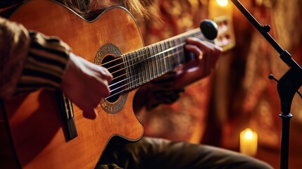 Obraz premium Classical Guitarist Intimate Performance: Warm Lighting and Musical Passion