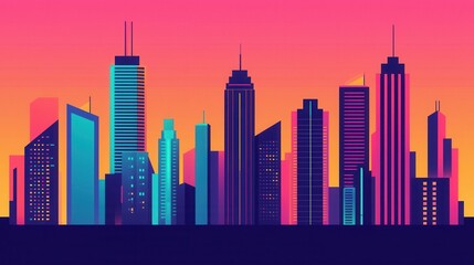 Obraz premium Vibrant City Skyline at Sunset with Colorful Skyscrapers and Lights