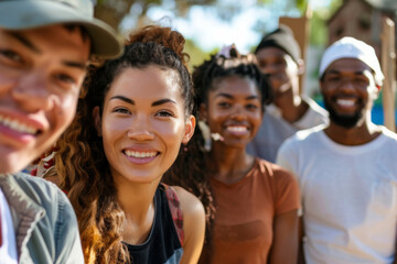 Fototapeta premium A diverse group of happy young adults smiling together outdoors, showcasing friendship and joy in a vibrant setting.