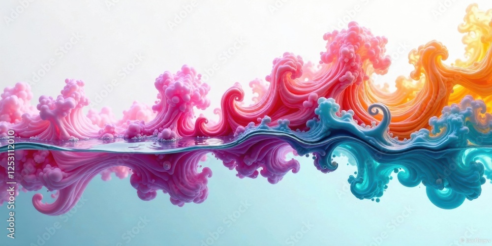 Poster abstract swirling color waves reflecting in still water, a dreamlike underwater scene of vibrant hue