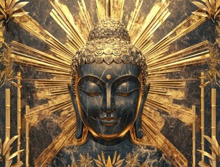 A golden Buddha head surrounded by bamboo leaves, with gold and gray as the background color, surrounded by patterns of lines