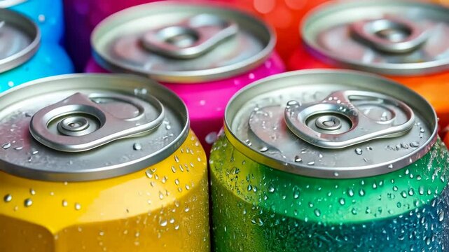 Colorful aluminum cans of soda background. Top view, macro. Recycle metal can with water drops . Beer, carbonated water, cola, energy drinks cans. Recycling concept. Closeup view of many beverage cans