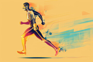 Obraz premium Dynamic illustration of a runner with visible anatomy and skeletal structure, set against a vibrant background.