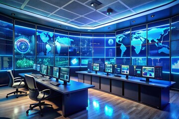 Panoramic View of a Modern Cybersecurity Operations Center with Predictive Analytics Dashboards and Surveillance Monitors