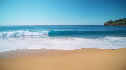 Coastal Serenity, Azure Waters Meeting Golden Sands under a Tranquil Sky