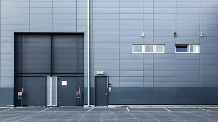 Obraz premium Details of gray facade made of aluminum panels with doors and windows on industrial building