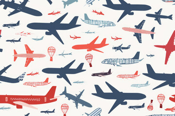 A colorful pattern of various airplane illustrations arranged in a seamless, repeating design on a light background.